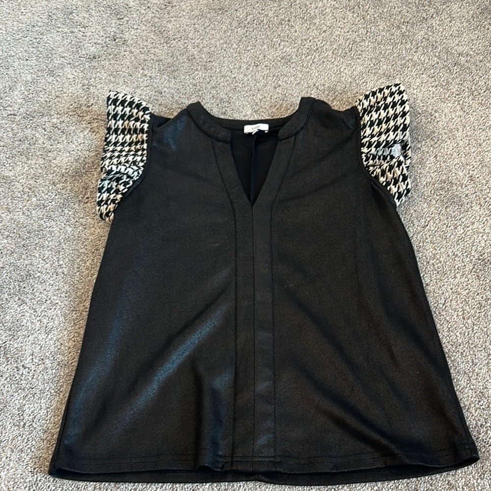 Black Boxy Blouse with Embellished Flutter Sleeves
